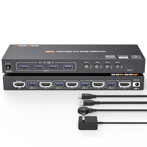 USB 3.0 KVM スイッチ HDMI 4 PC 4K@60Hz EDID 付き 4入力1出力、キーボード、マウス、プリンター、コ..