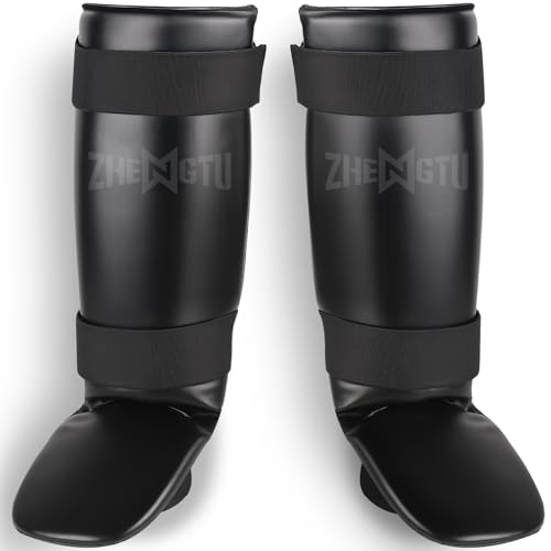 ZHENGTU ベーシックレッグガード レガース キックボクシング 格闘技 足サポーター シンガード すね当て 3cm厚手 衝撃吸収 キックボクシングレガース 空手 防具 プロテクター (ブラック, LXL)