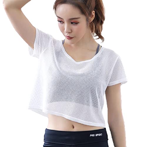[FARFADET] メッシュ T シャツ 半袖 ヨガ ダンス フィットネス ウェア 無地 クルー ネック レディース トップス トレーニング ウエア 通気性 重ね着 シースルー ジムウェア ショート 体型 カバー