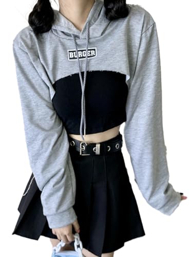 [WesRiva] ショート 丈 へそだし パーカー 長 袖 ダンス ダンサー レディース トレーニング ウェア 韓国 風 トップス 上着 (M, グレー)