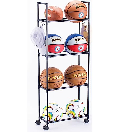 FDSDEFEN バスケットボールラック ガレージボール収納スタンド 4層ボールラック ローリングボールオー..