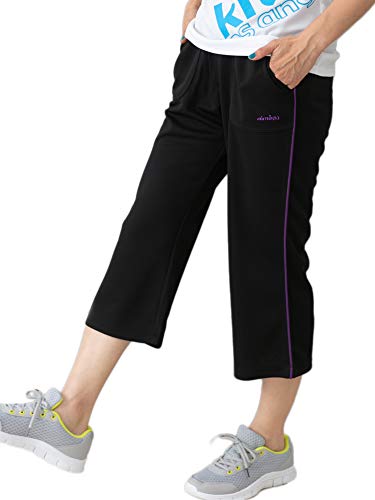 [Lily Bell] リリーベル 吸汗速乾 ジャージ レディース 下 (七分丈 ブラック×パープル Mサイズ) ストレ..