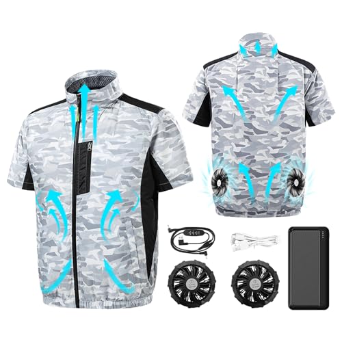 [YORIYOI] 空調作業服 半袖 フルセット メンズ ファン付き作業服 20000mAh大容量バッテリー ファンバッテリーセット 男女兼用 冷風服 3D循環送風 3段階風量調節可 作業着 熱中症対策(L)