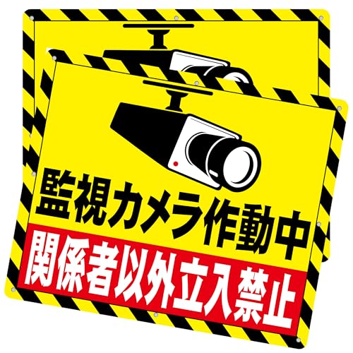 チョウプレート 2枚 セット 防犯看板「監視カメラ作動中 関係者以外 立入禁止」340X280X1mm PP樹脂板 屋外対応 (E-i9, 2ピース)