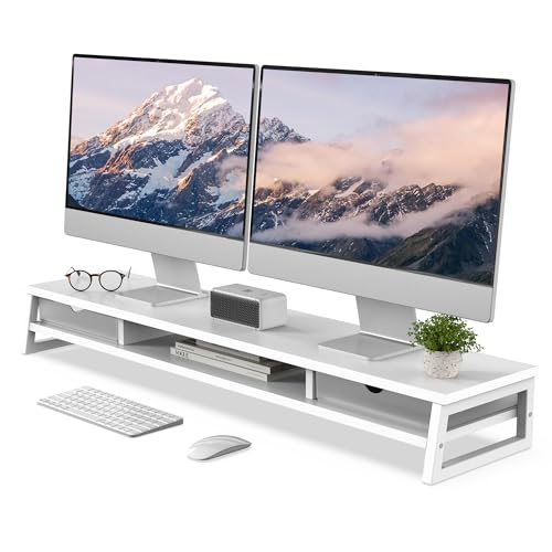 Fenge モニター台 卓上 デスクシェルフ モニタースタンド パソコン台 引き出し付き2段 木製 幅108cm pc台 机上台 デュアルモニター 台 机上ラック 卓上台 デスク周り収納 ディスプレイ (ホワイ