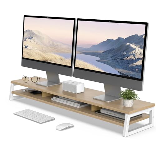 Fenge モニター台 卓上 デスクシェルフ モニタースタンド パソコン台 2段 木製 幅108cm pc台 机上台 デュアルモニター 台 机上ラック 卓上台 デスク周り収納 ディスプレイ 台 (オーク&白)