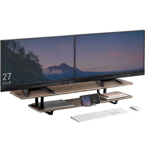 イーサプライ モニター台 2段 机上ラック 卓上 木製 幅95cm 奥行32cm 高さ13.5cm 総耐荷重30kg ワイド 拡張 スマホスタンド ブラウン EEX-MR-C11M