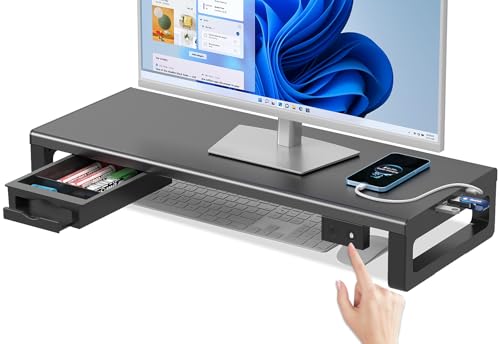 EAYHM モニター 台 Windows Hello指紋認証付き、パソコンスタンド机上台 USB HUB&USB/TYPE-C充電付き ディスプレイ 台 引き出しとスマホホルダー付き パソコン 台 モニター スタンド 耐荷重25Kg (60CM-指