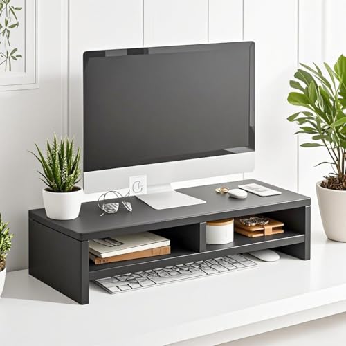 モニター台 卓上 モニタースタンド 二段式 幅50cmx奥行25cmx高さ14cm パソコン台 人間工学デザイン 卓上ラック pc台 木製天板 キーボード収納 モニター/ノートパソコン/プリンターに適用