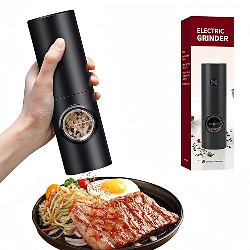 ワンタッチ電動ペッパーミル 小型 ソルトミル 粗さ調整機能 LEDライト付き スパイスグラインダー 電池駆動 ステンレススチール 黒胡椒 白胡椒 クミン ローズソルト シーソルト (ブラック)