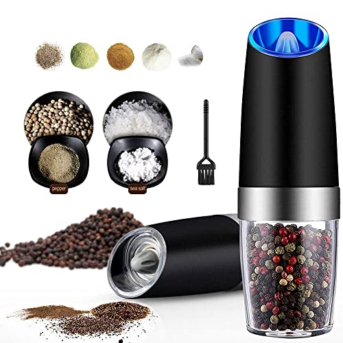 アップグレード版 電動ペッパーミル ステンレス鋼 電動ミル 光るペッパーミル ソルトペッパー スパイス岩塩 重力センサー 傾けるだけで挽ける ステンレス製 みがきます (ブラック)
