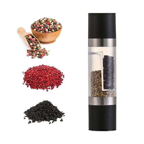 TVETE ペッパーミル 手動 胡椒 ミル ダブルエンド ブラックペッパーグラインダー 2 in1 マニュアル ミル 岩塩 ソルトミル 透明 カップ壁 粗さ挽き調節 詰め替え式ソルト&ペッパーミル ごまミル