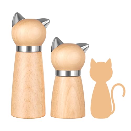 VKCHEF ペッパーミル 木製ソルト&ペッパーグラインダー 黄色い猫 2個セット 手動 胡椒ミル 岩塩ミル コショウ スパイス コンパクト