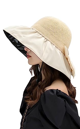 [Angel's Closet] 帽子 レディース 日焼け防止 涼しい 首の後ろ ひも付き 折り畳み 収納袋付き リボン UVカット つば広 麦わら帽子 日除け 紫外線対策 (オフホワイト)