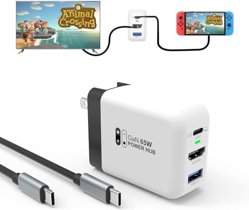 【GaN採用革新版/小型化サイズ】TreasLin 65W多機能ACアダプター USB-C急速充電・HDMI パススルー出力・USB-A電子製品接続 Switch充電器+Switchドック代用品TVモード対応 PSE認証済過電流保護 軽量持ち