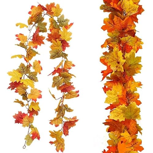 Lakymisy 人工紅葉 造花 ガーランド 2本セット もみじ ハロウィン 秋の祭り 手作りリース 感謝祭 ハロウィン 装飾 グッズ 人工観葉植物 カエデの葉 店舗装飾 撮影道具 壁掛け 人工葉 175cm/本