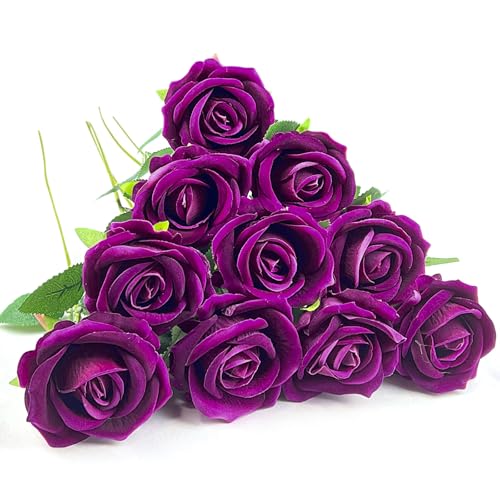 DECEED 造花 バラ ローズ 薔薇 10本セット 花束 バレンタインデー ブーケ 母の日 結婚式 誕生日 花径7cm×長さ50cm（ローズパープル）