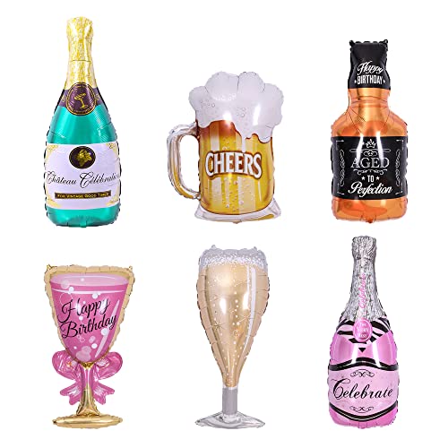 6枚セット お酒フィルム風船 バルーン シャンパンボトル ゴブレット ウイスキー ビールカップ スパーク..