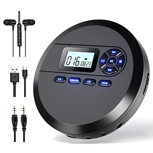 ポータブルCDプレーヤーコンパクトスピーカー内蔵 FMトランスミッター付き 2000mAh充電式電池搭載 DESOBRY +10スキップ機能 5EQエフェクト A-Bリピート/プログラム再生 32GBTFカード・CD・MP3等対応 A