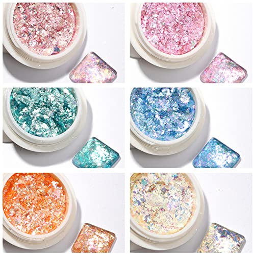 超薄＆超輝き ネイルホログラム オーロラレインボーマイカフレーク ネイルホロパーツジェルネイルレジン用 ネイルアートパウダー (6色セット)