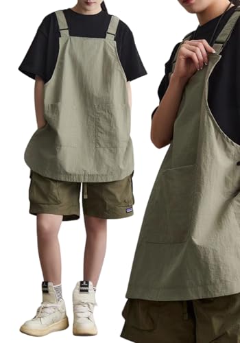 [UNiELEMENT] エプロン メンズ レディース 前掛け おしゃれ 可愛い 保育士 かぶるだけ 短い 大きいサイズ ワークエプロン ポケット 撥水 軽い 肩ひも調節 (グリーン)