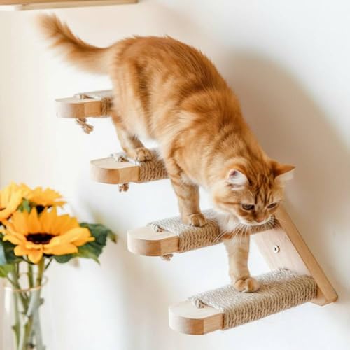iimono117 壁掛け 猫用階段 キャットステップ 麻紐滑り止め付き 取り付け簡単 猫の遊び場 壁掛け階段 4段 ステップ 壁付け DIY 木製 爪とぎ 麻縄 ウォールジャングル (1個)