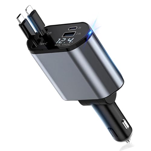 一木良品【2025年4月改良・4台同時利用！車用急速充電器】 シガーソケット 4in1 車用 自動巻き取り式 180度角度調整可能 LEDデジタル表示 急速充電 全車種対応 全スマホ対応 iPhone Android usb カー