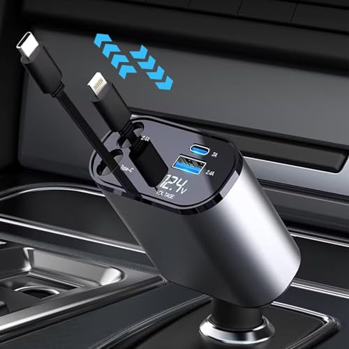 【巻き取り式】4in1 車 充電器 シガーソケット 4台同時充電 カーチャージャー 巻き取り式充電ケーブル 2本 Type-C100W/Lightning 20W急速充電 車載充電器 対応iPhone 16/15/14/13/12, Galaxy S22/S21 UItra, Xperia,
