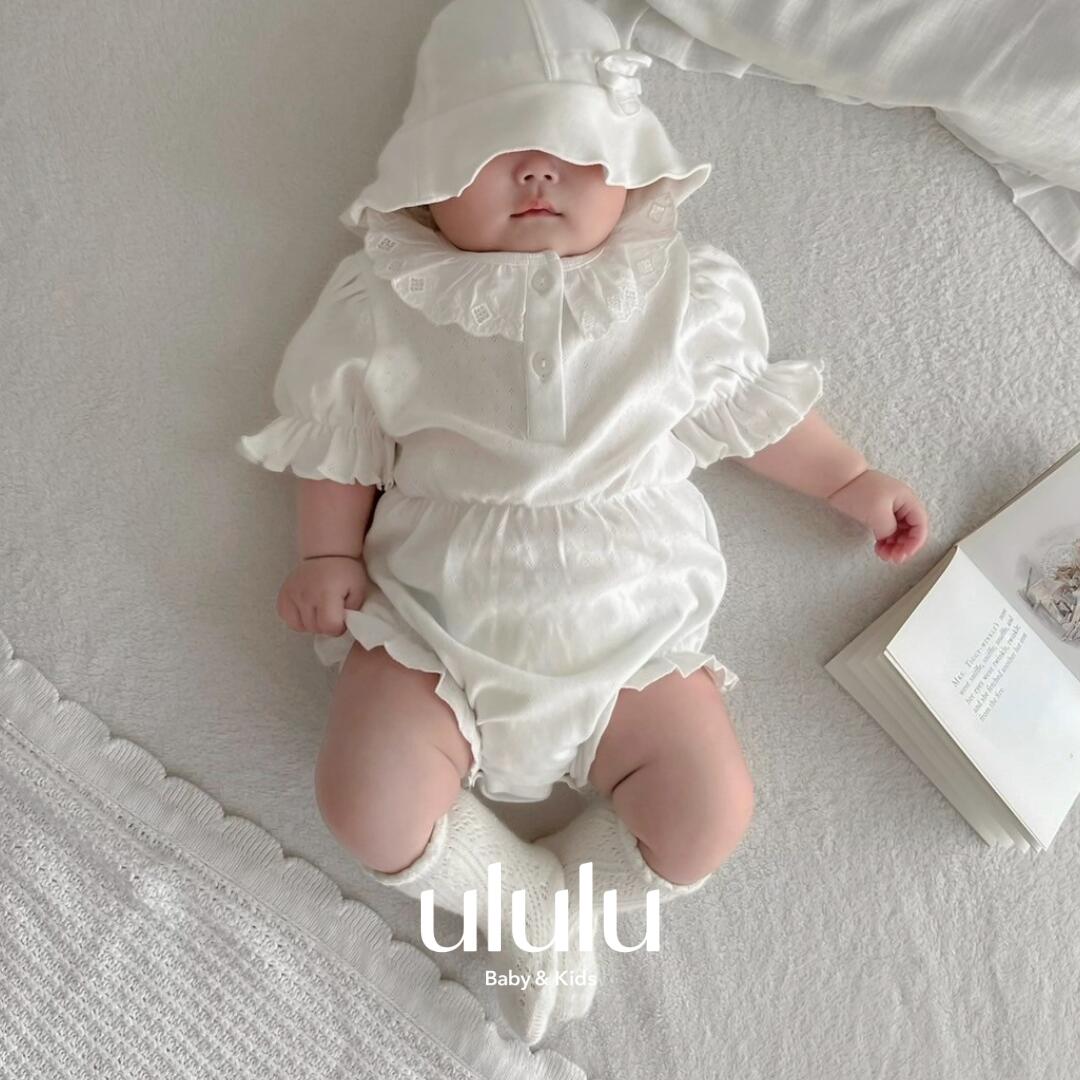 【BLACK FRIDAY 特別SALE】NEW【送料無料】スイートレースロンパース ナチュラル 子供服 ベビー服 女の子 男の子 ululu 出産祝い 新生児 ギフト ロンパース レース フリル ホワイト アイレット