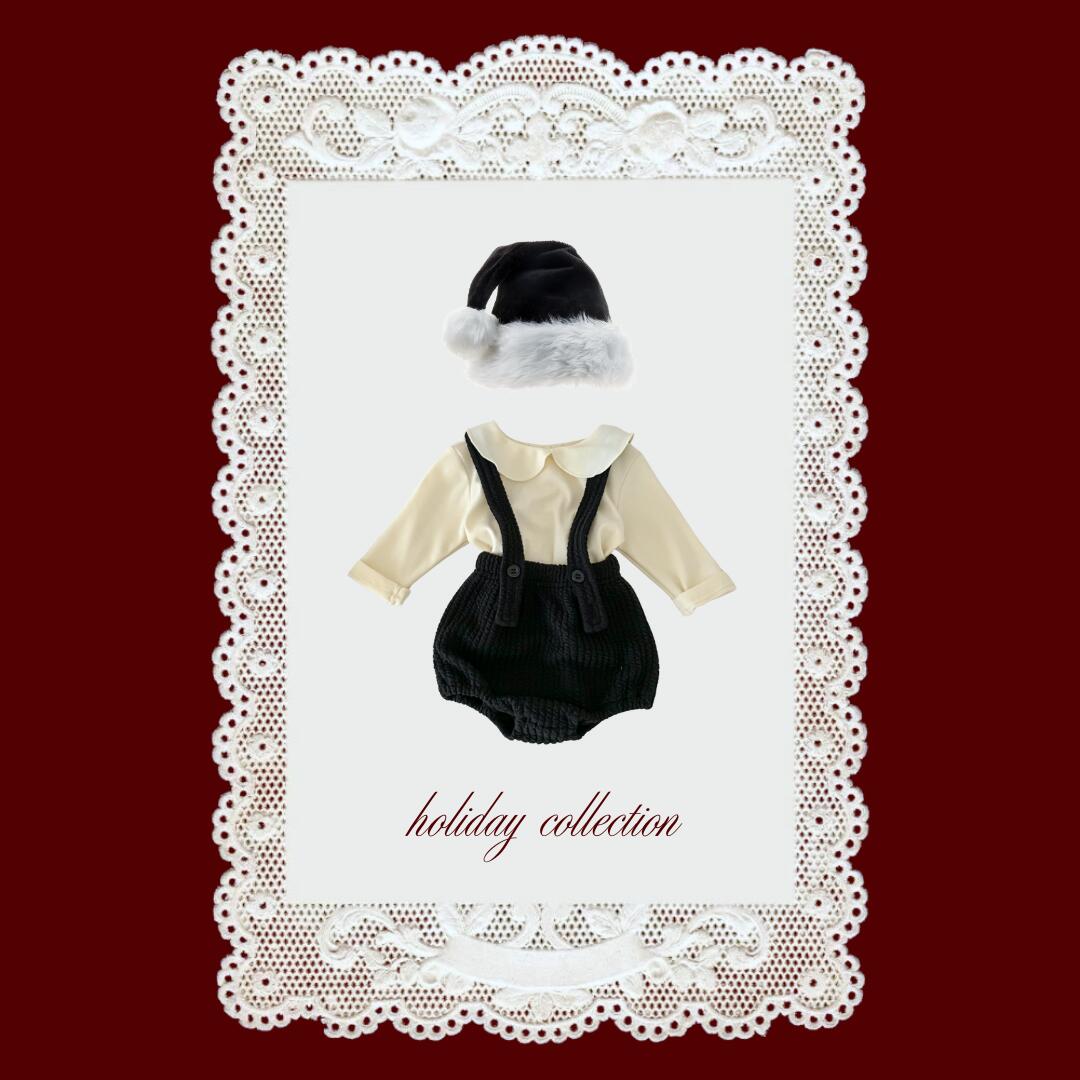 NEW【送料無料】《 holiday set 》モノトーンセットアップ　子供服 ベビー服 女の子 男の子 ululu クリスマス ブラックサンタ サンタハット ブラックサンタハット ブルマ 襟 ロンパース 出産祝い ギフト 新生児