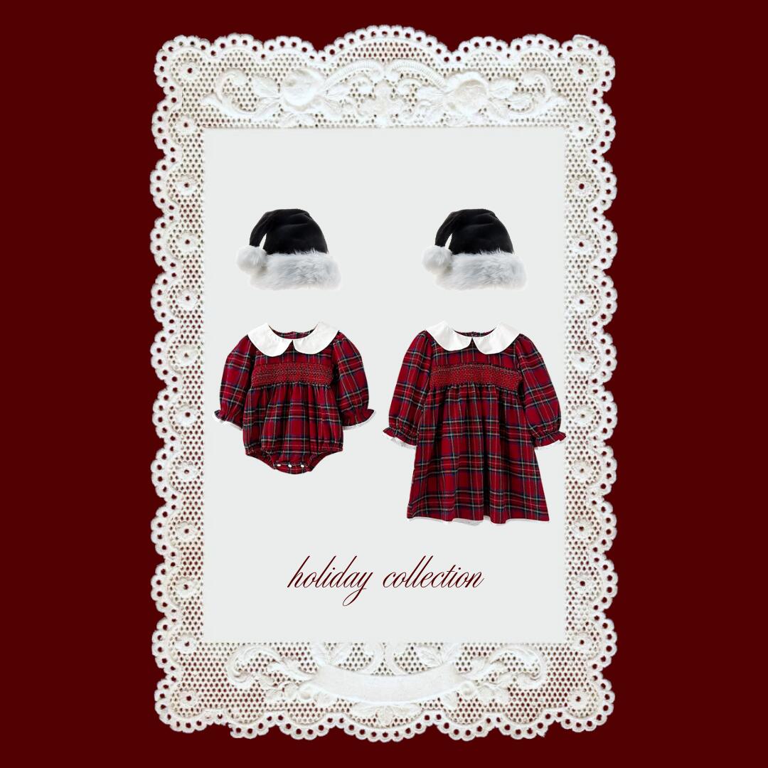 NEW【送料無料】《 holiday set 》Classic Tartan Collection　子供服 ベビー服 女の子 男の子 ululu チェック ワンピースクリスマス ブラックサンタ サンタハット ブラックサンタハット ニットロンパース ニット 襟 ロンパース 出産祝い ギフト 新生児