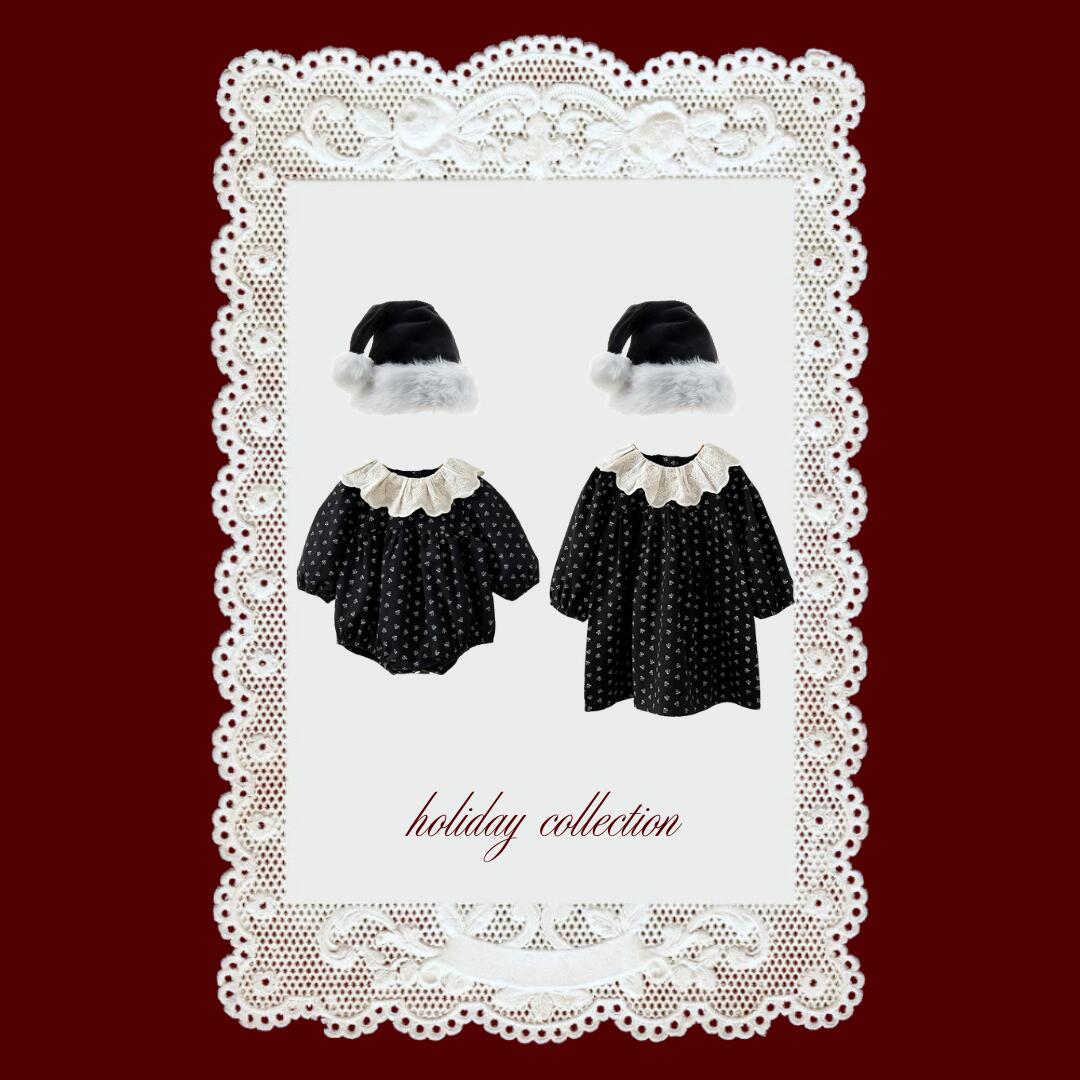 NEW【送料無料】《 holiday set 》 Noir Snow Collection　子供服 ベビー服 女の子 男の子 ululu ワンピースクリスマス ブラックサンタ サンタハット ブラック ニットロンパース ニット 襟 ロンパース 出産祝い ギフト 新生児