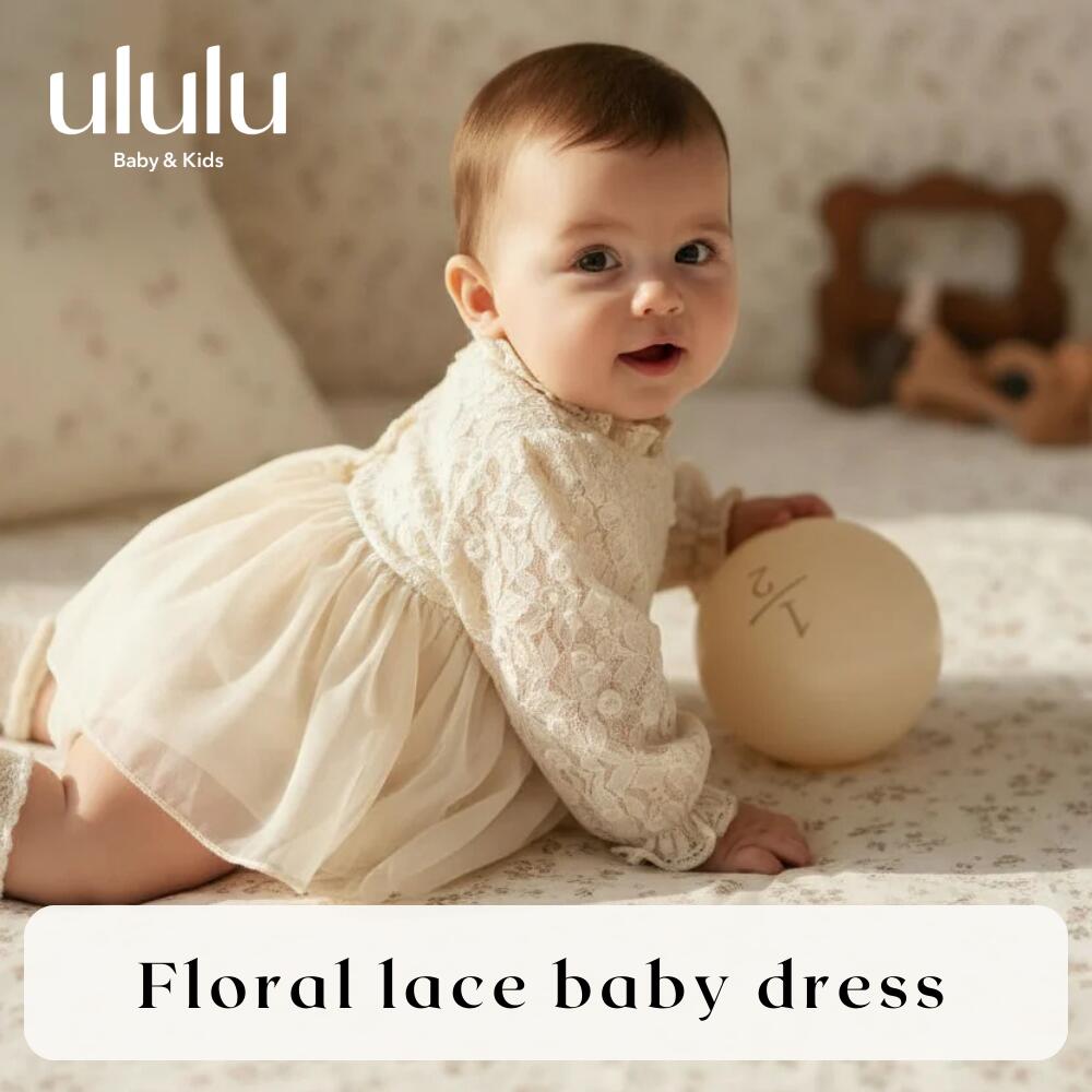 NEW【送料無料】フローラルレースベビードレス　子供服 ベビー服 女の子 男の子 ululu フラワー チュール アイボリー ドレス ベビードレス 退院着 出産祝い ギフト ハーフバースデー