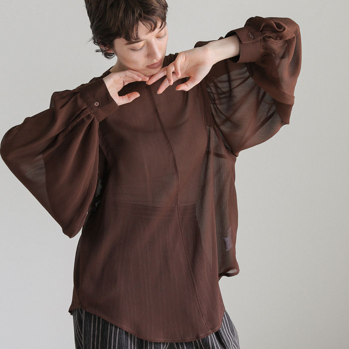 【4日(火)20：00〜2時間限定店内全品20％OFF】2way楊柳ボリュームスリーブブラウス / レディース 春秋 シアー シアーブラウス 2way ボリュームスリーブ ボリューム袖 長袖ブラウス ノーカラ— 楊柳ブラウス シャツ ブラウス セレクトモカ selectmoca 冷房対策のサムネイル