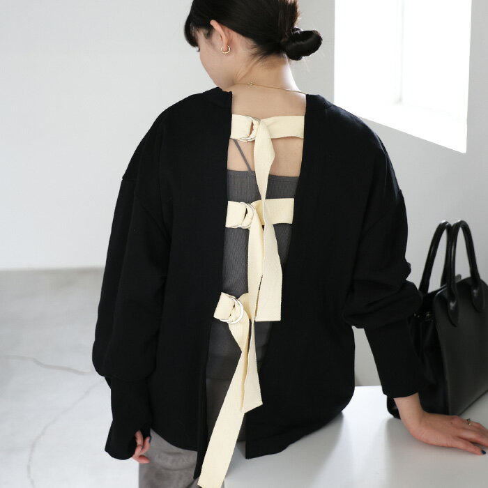 【クーポン利用で20％OFF】バックベルトオープンスウェット / レディース クルーネック スウェット トレーナー バックオープン 長袖スウェット レイヤード セレクトモカ selectmocaのサムネイル