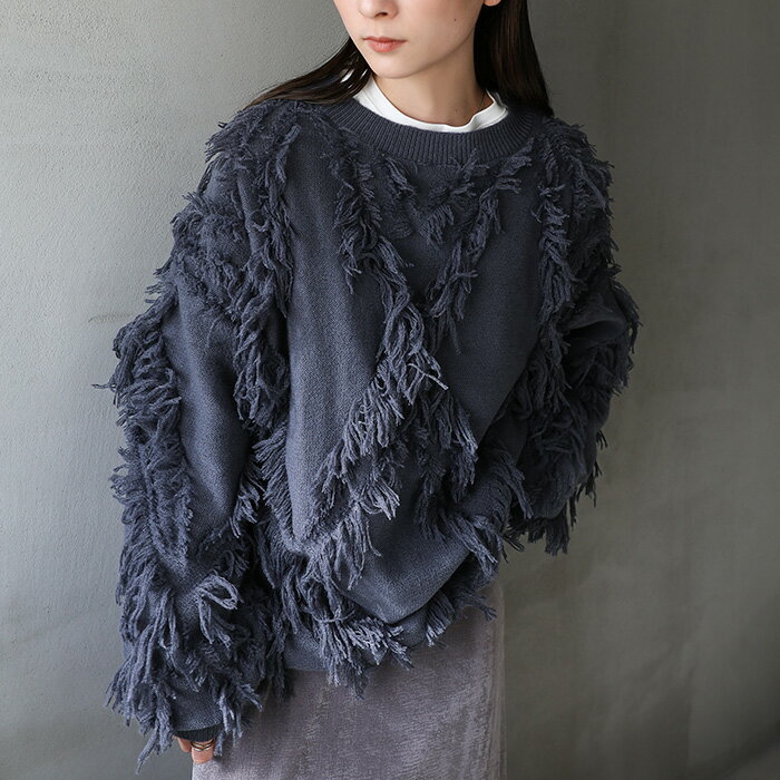 フリンジ切替ボリュームニット / レディース 秋 冬 クルーネック フリンジニット ボリューム袖 リブ袖 デザインニット セレクトモカ selectmocaのサムネイル