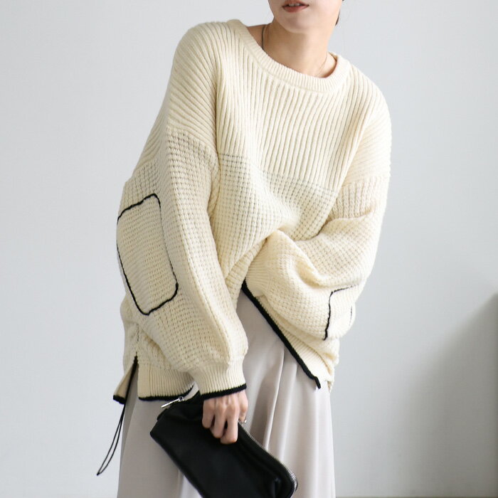 【24日(金)20:00〜2時間限定店内全品20％OFF】ワッフル編切替サイドシャーリングニット / レディース 秋冬 ワッフルニット クルーネック シャーリング バイカラー オーバーサイズ ゆったり セレクトモカ selectmocaのサムネイル