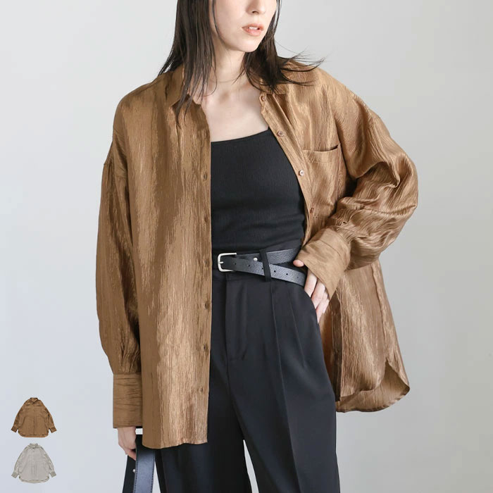 【店内全品2BUY10％OFF】サテンワッシャーオーバーサイズシャツ / レディース レギュラーカラーシャツ 長袖シャツ シワ加工 羽織り レイヤード オーバーサイズ セレクトモカ selectmocaのサムネイル