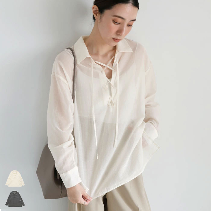 【8/24(日)20:00~2時間限定全品20％OFF】シアーレースアップシャツ / レディース 春秋 秋トップス 長袖シャツ シアーシャツ 透け感 レイヤード シアー 羽織り レースアップ レイヤード サイドスリット selectmoca セレクトモカのサムネイル