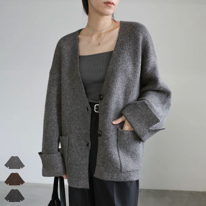 【店内全品2BUY10％OFF】ワイドスリーブVネックニットカーディガン / レディース 秋冬 Vネックカーディガン ニットカーディガン ポケットあり ボタンカーディガン セレクトモカ selectmocaのサムネイル