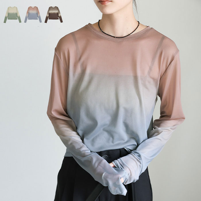 【4日(木)20:00~2時間限定店内全商品20％OFF】【一部予約】＼1枚で着映えアイテム／ グラデーションパワーメッシュトップス / レディース 春夏 秋 シアー クルーネック ラウンドネック ロングスリーブ グラデーション カラーカットソー セレクトモカ selectmocaのサムネイル