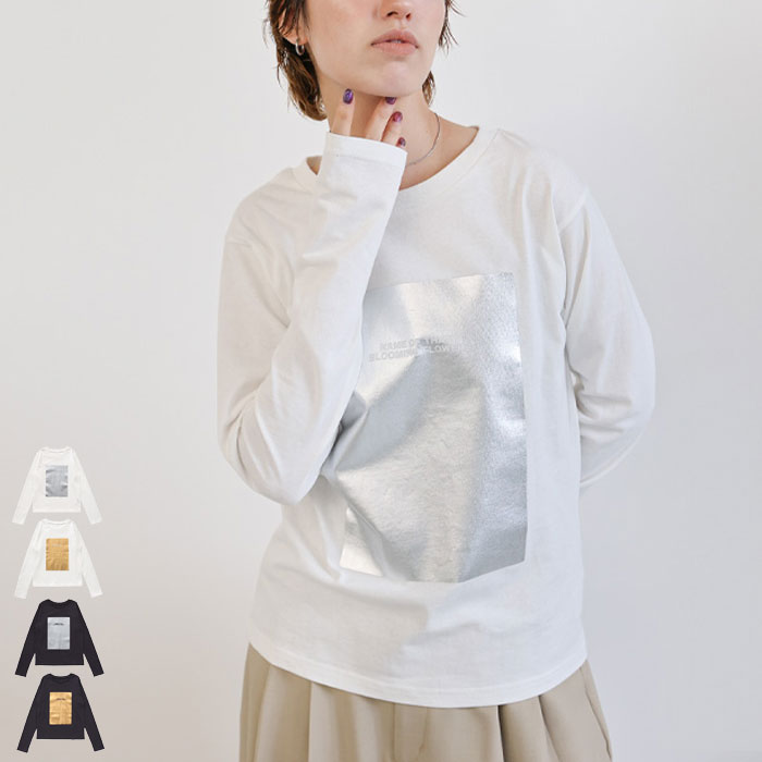 【14日(火)20:00〜2時間限定店内全品20%OFF】＼一枚で華やかに。／箔プリントロングTシャツ / レディース ロンT ロングスリーブ 長袖カットソー クルーネック Tシャツ 長袖Tシャツ プリントTシャツ ロゴTシャツ コットン 綿100% selectmoca セレクトモカのサムネイル