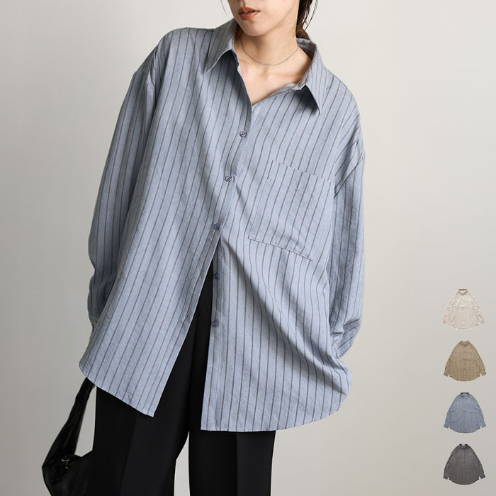 【大人気カラー予約開始】 ピーチスキンストライプオーバーシャツ / レディース 秋冬 シャツ オーバーサイズ ストライプシャツ レギュラーカラーシャツ 羽織り ピーチスキン ゆったり セレクトモカ selectmocaのサムネイル