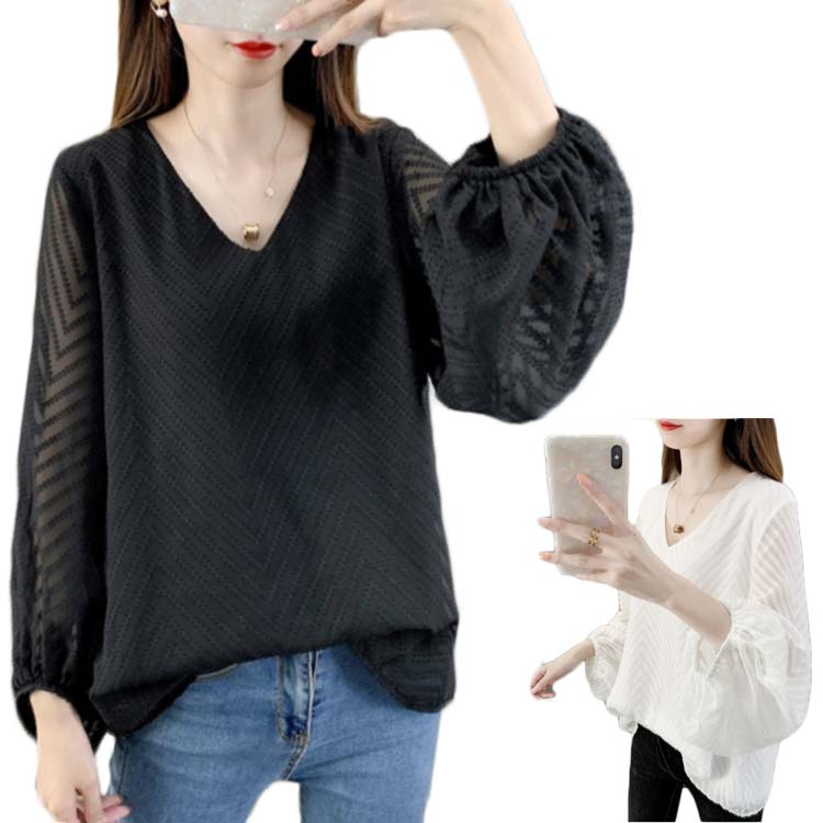 Rakuten - シャツ レディース シフォンシャツ ブラウス ゆったり 長袖 オシャレブラウス ブラウス 春秋 シフォンブラウス 大きサイズ 切り替え vネック トップス 無地 オシャレ シフォンブラウス 送料無料 シンプル カジュアル