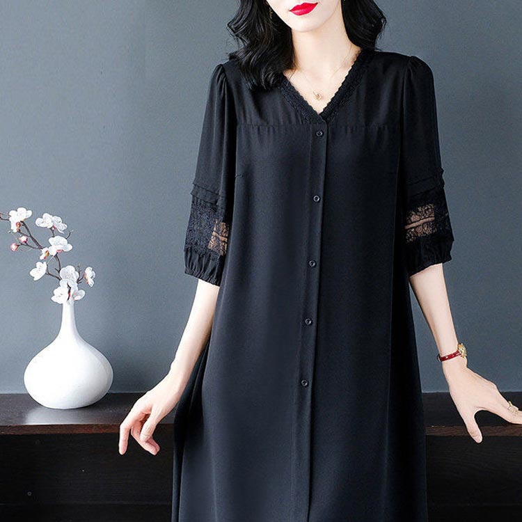 Vネック ワンピース レディース 大きいサイズ チュニック シャツワンピース レース袖 ワンピース 前開き 体型カバー