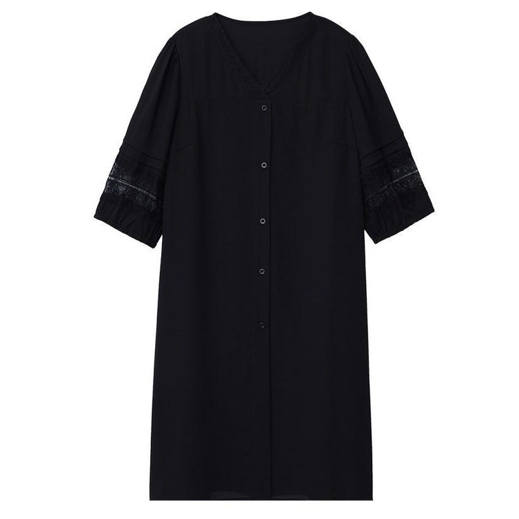 Vネック ワンピース レディース 大きいサイズ チュニック シャツワンピース レース袖 ワンピース 前開き 体型カバー