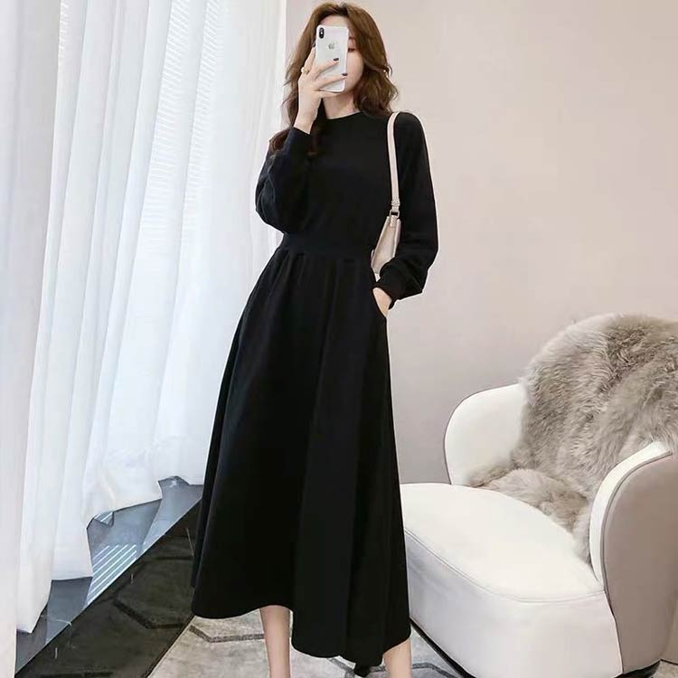 ワンピース レディース 長袖 ミモレ丈 ウエストマーク スエット ロングワンピース ポケット付き Aライン きれいめ オフィス カジュアル シンプル 無地 着痩せ 体型カバー 春 秋 30代 40代 50代