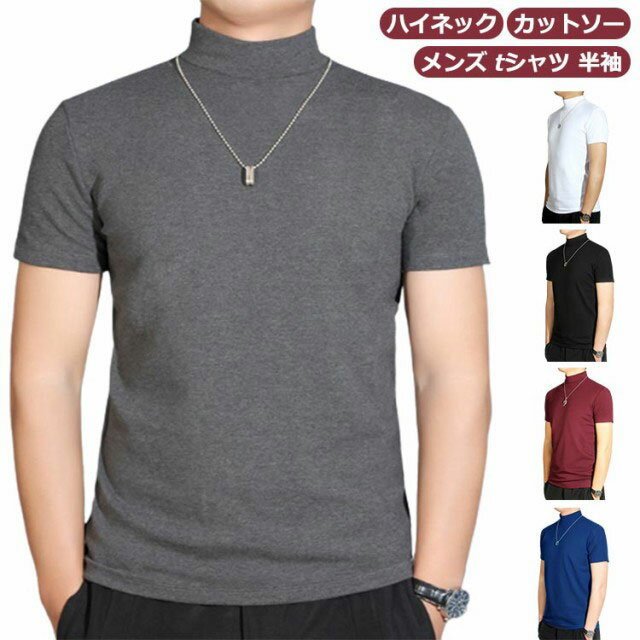 Rakuten - 春秋 【送料無料】 ハイネック tシャツ カットソー 半袖 半袖Tシャツ メンズ 無地tシャツ 襟高さ4-5cm ハイネックtシャツ 夏 ティーシャツ トップス ゆったり ゴルフウェア カジュアル 大きいサイズ