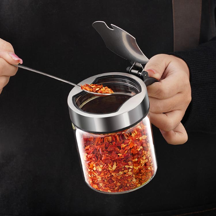 ガラス スパイスボトル 調味料ポット おしゃれ 使いやすい 調味料入れ スプーン付き スパイスジャー ステンレス 2個セット 詰め替え 密閉 調味料ケース 砂糖 塩入れ ポット 300ml 保存容器 調味料容器 衛生的 片手開閉 ワンプッシュ開閉 キッチン用品