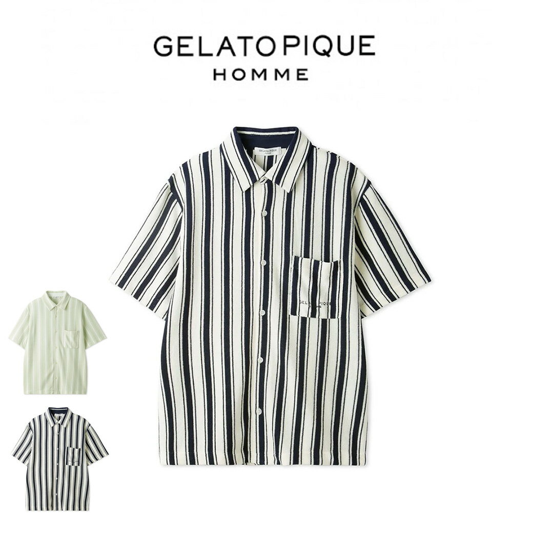 ジェラートピケ パジャマ メンズ GELATO PIQUE HOMME ジェラートピケ オム ストライプパイルシャツ pmct242906 メンズ トップス 部屋着 コットン混 ルームウェア パジャマ ワンポイント 半袖 ギフト プレゼントにおすすめ 2024夏 セレクト雑貨ムー